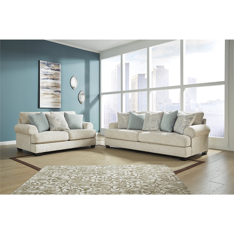 Bowery Hill Living Room Set of Beige Sofa and Loveseat in Chenille Upholstery