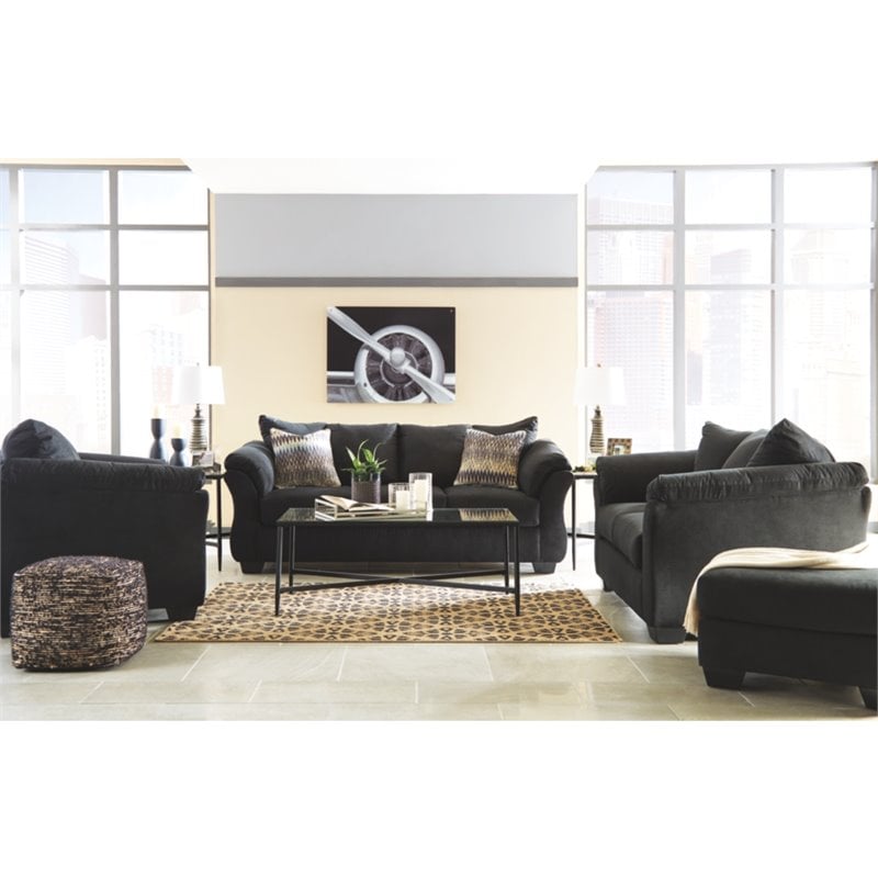 Bowery Hill Living Room Set of Loveseat & Sofa in Black Polyester Upholstery