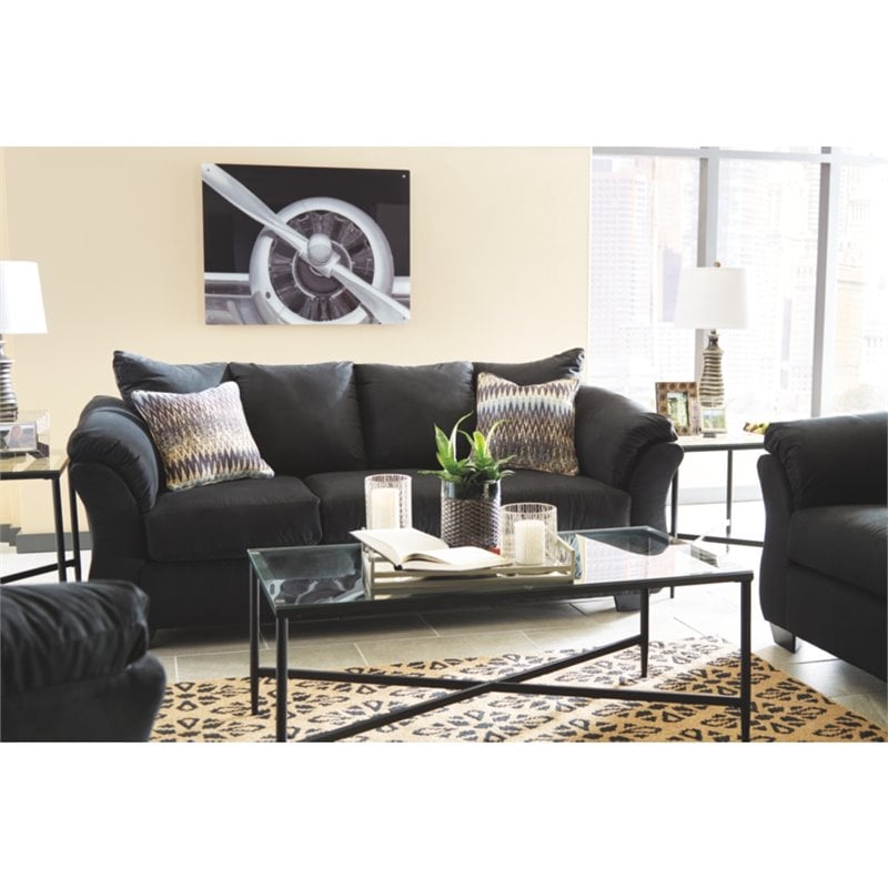 Bowery Hill Living Room Set of Loveseat & Sofa in Black Polyester Upholstery