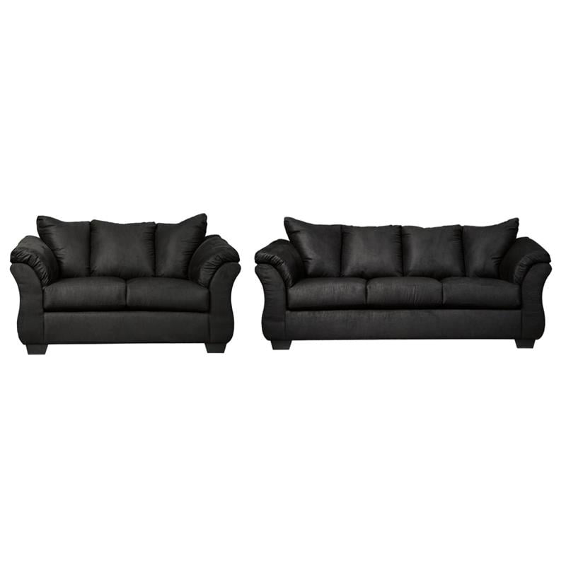 Bowery Hill Living Room Set of Loveseat & Sofa in Black Polyester Upholstery