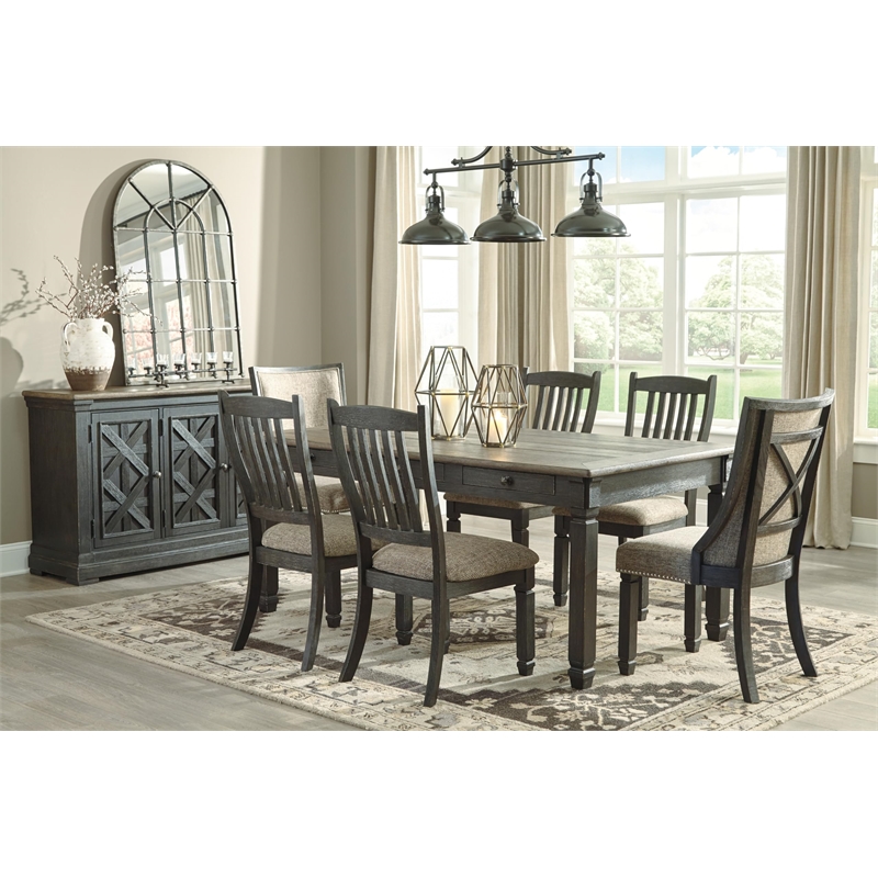Bowery Hill Farmhouse Dining Set of Storage Table and 6 Chairs in Gray and Black