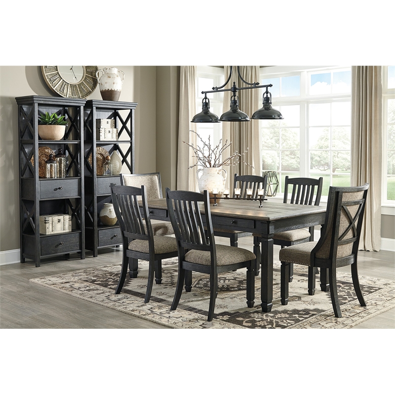 Bowery Hill Farmhouse Dining Set of Storage Table and 6 Chairs in Gray and Black