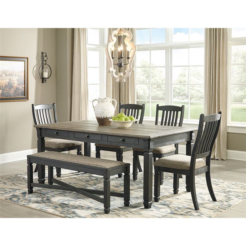 Bowery Hill Farmhouse Dining Set of Dining Table, Bench, 4 Chairs, & Server
