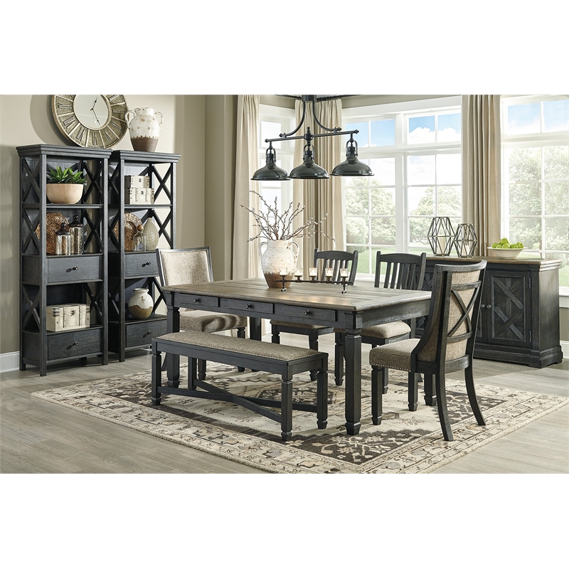 Bowery Hill Farmhouse Dining Set of Dining Table, Bench, 4 Chairs, & Server