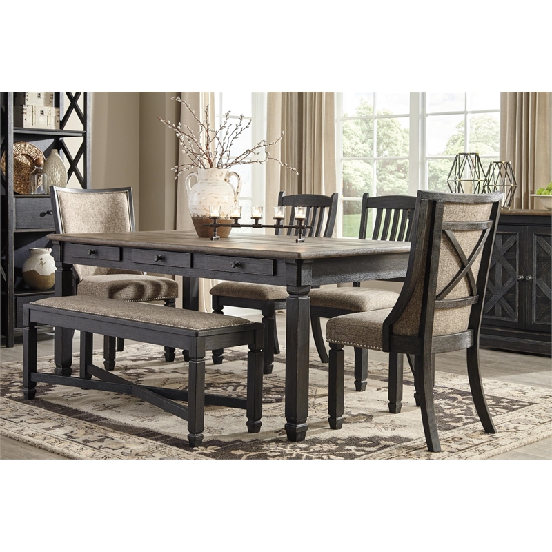 Bowery Hill Farmhouse Dining Set of Dining Table, Bench, 4 Chairs, & Server