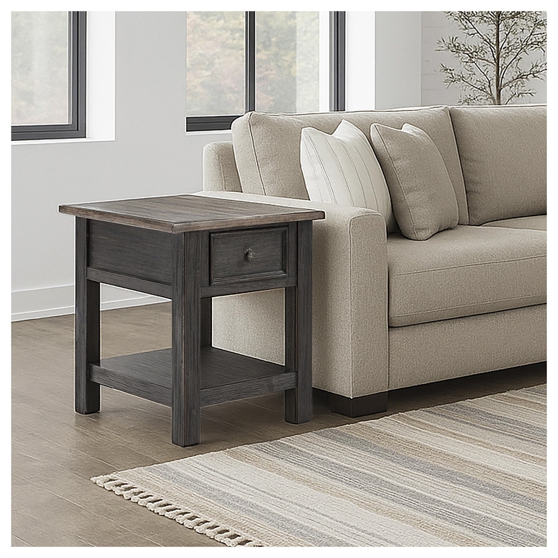 Bowery Hill Set of 2 Solid Wood End Tables in Grayish Brown and Black