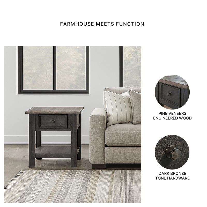 Bowery Hill Set of 2 Solid Wood End Tables in Grayish Brown and Black