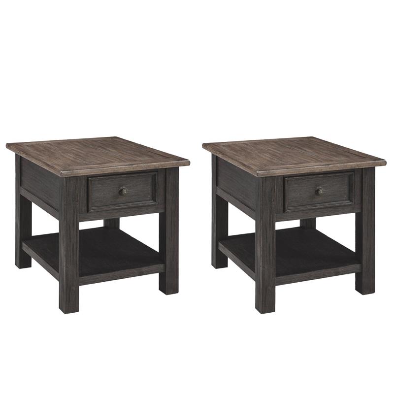 Bowery Hill Set of 2 Solid Wood End Tables in Grayish Brown and Black