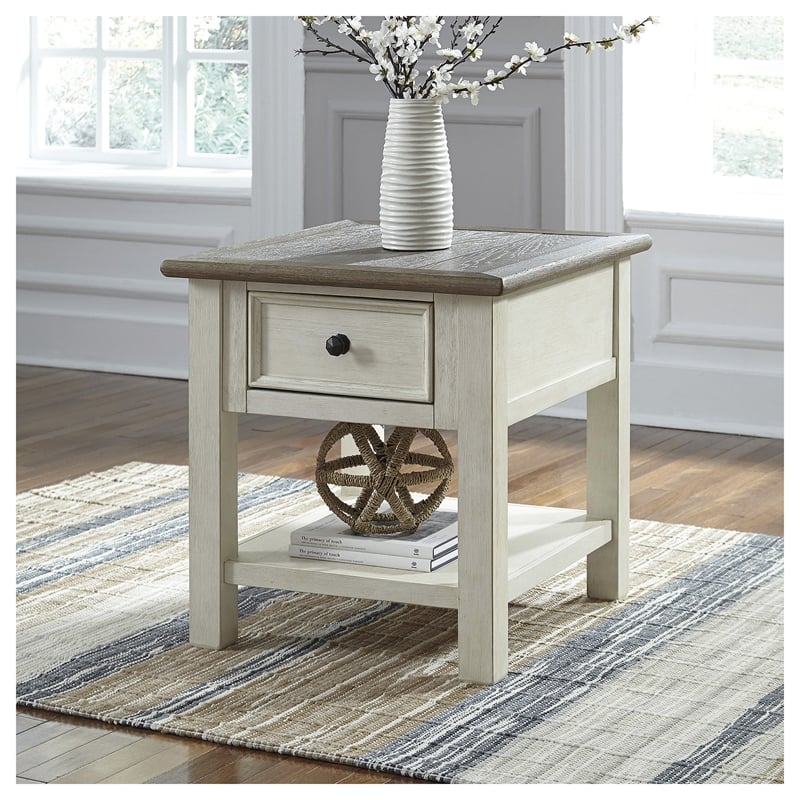 Bowery Hill 2-Piece End Table Set in Antique White and Weathered Oak