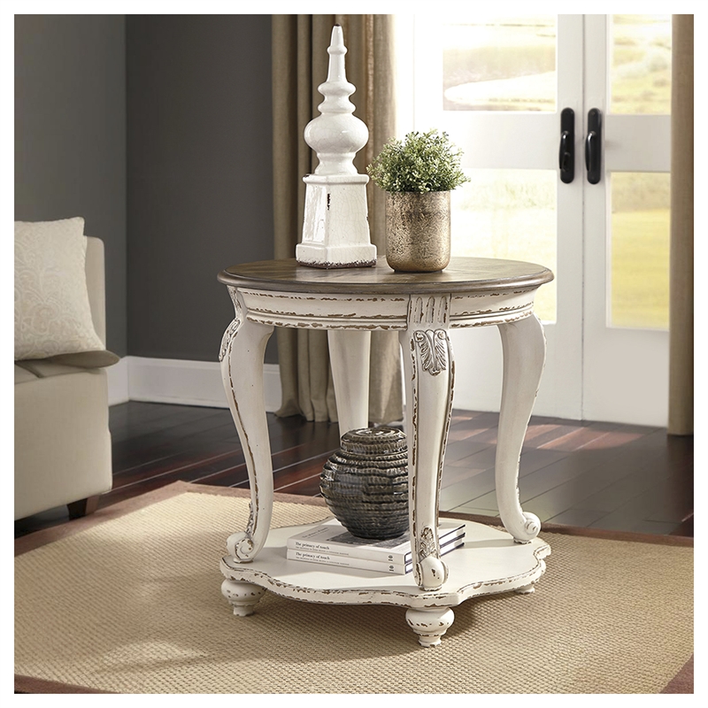Bowery Hill Cottage Set of 2 Round End Tables in Chipped White and Brown
