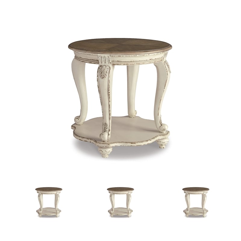 Bowery Hill Cottage Set of 2 Round End Tables in Chipped White and Brown