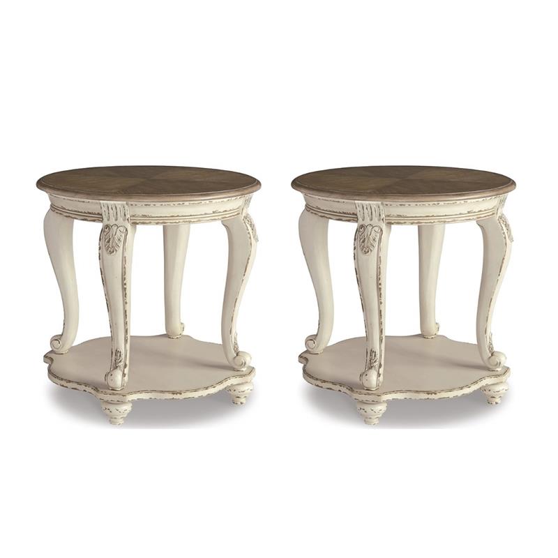 Bowery Hill Cottage Set of 2 Round End Tables in Chipped White and Brown