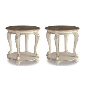 Bowery Hill Cottage Set of 2 Round End Tables in Chipped White and Brown
