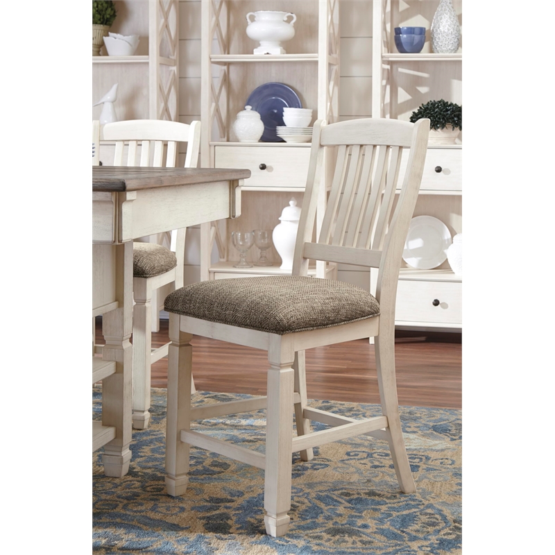 Bowery Hill Set of 2 Counter Height Stools in Antique White with Upholstered Seats