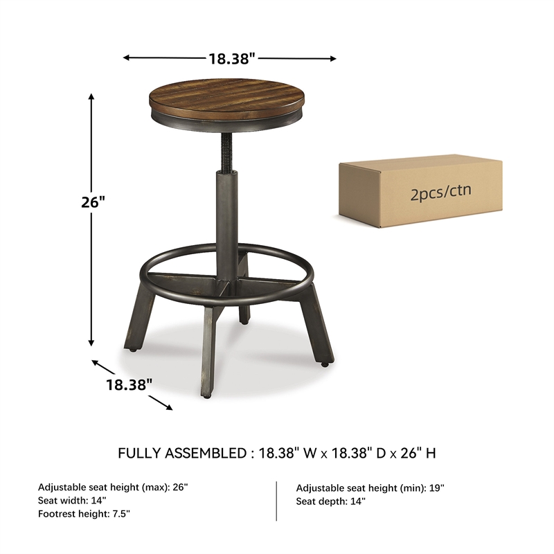 Bowery Hill  Set of 2 Adjustable Counter Stools in Brown & Gray with Metal Base