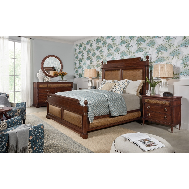 Bowery Hill King Panel Bed and 2 Nightstands Set in Cherry Brown