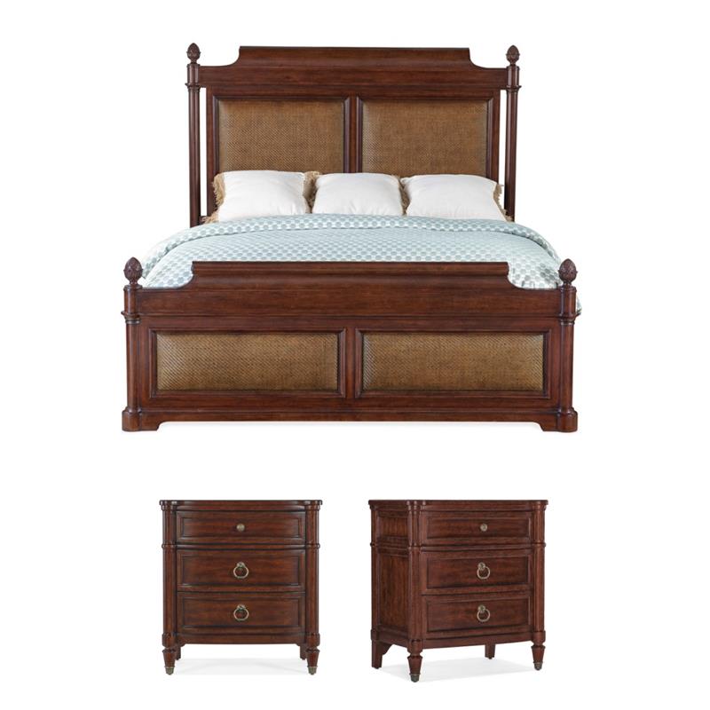 Bowery Hill King Bed & 2 Nightstands Set in Cherry Brown