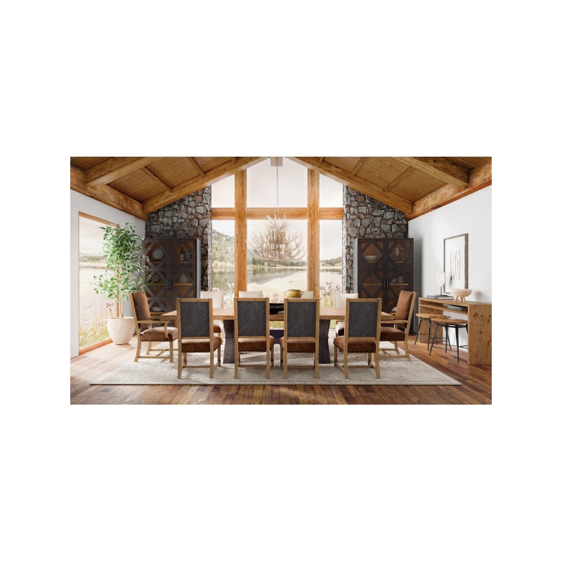 Bowery Hill 7-Piece Set of Solid Wood Table, Leather & Fabric Chairs in Brown