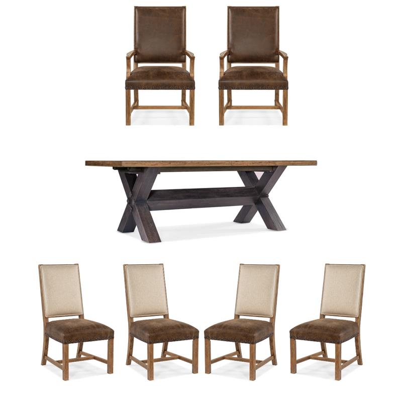 Bowery Hill 7-Piece Set of Solid Wood Table, Leather & Fabric Chairs in Brown