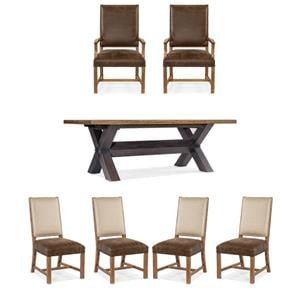 Bowery Hill 7-Piece Set of Solid Wood Table, Leather & Fabric Chairs in Brown