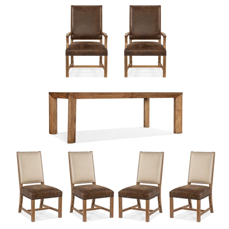 Bowery Hill Dining Set of Table, Host Chairs, and Side Chairs in Brown Hickory
