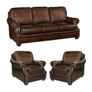 Bowery Hill Living Room Set of Leather Sofa & 2 Club Chairs in Dark Brown