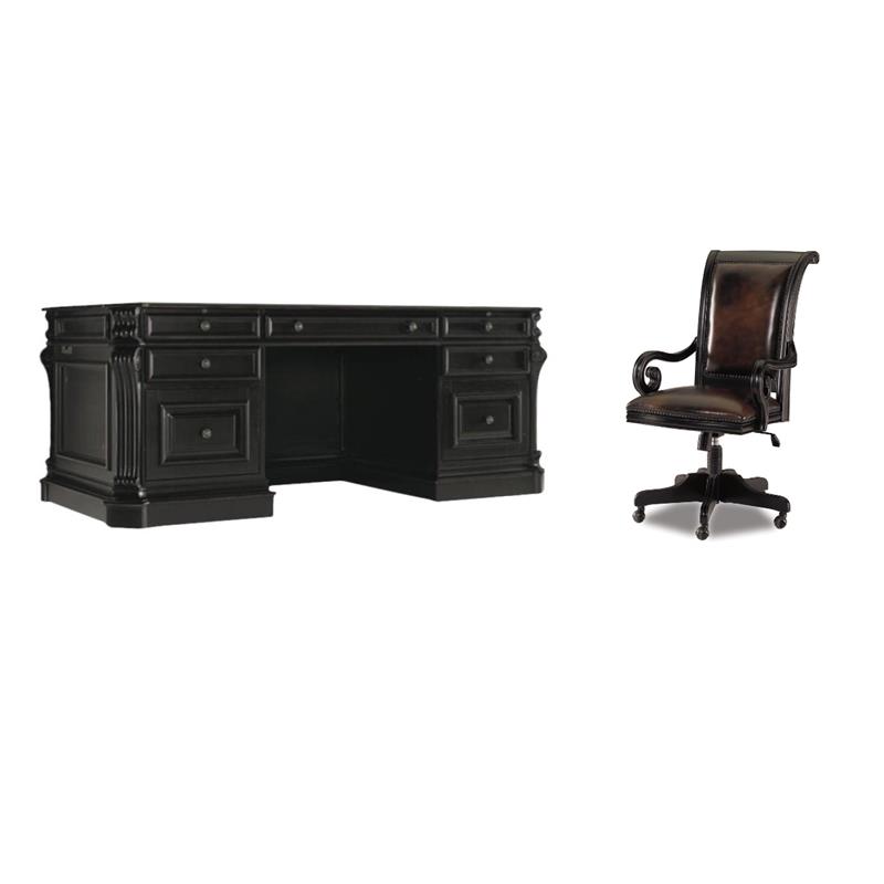 Bowery Hill Executive Desk & Office Leather Chair Set in Black