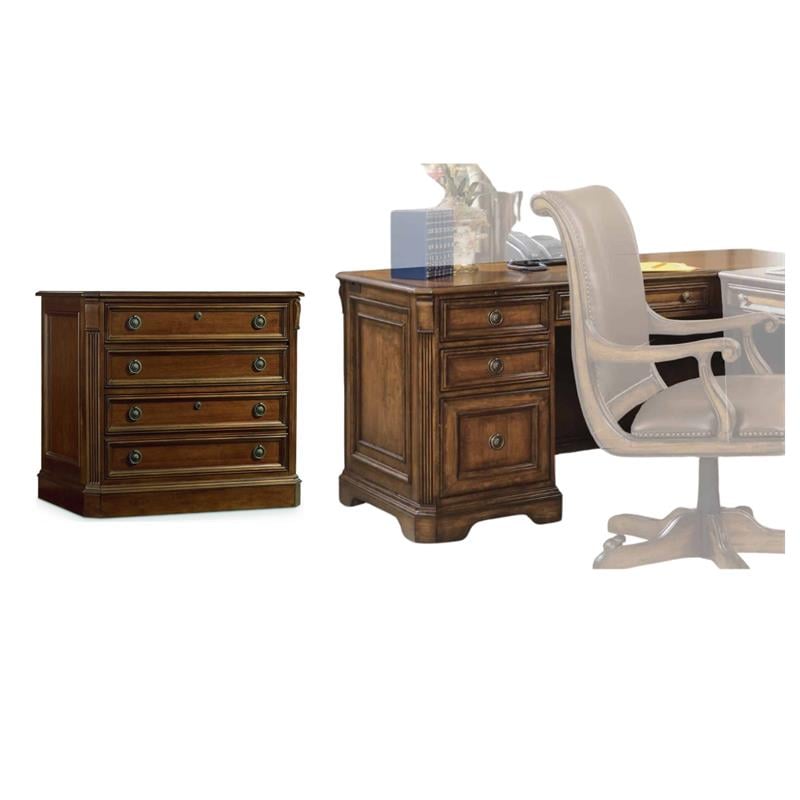 Bowery Hill Office Set of Lateral Filing Cabinet & Left Pedestal Desk in Cherry