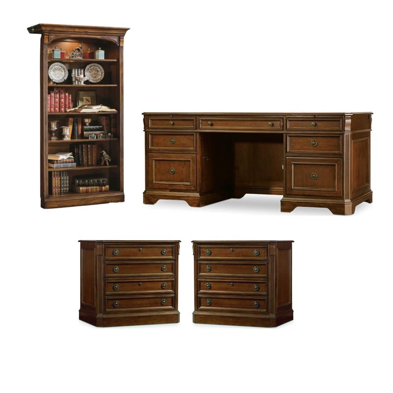 Bowery Hill Office Set of Executive Desk, Lateral Filing Cabinets, & Bookcase