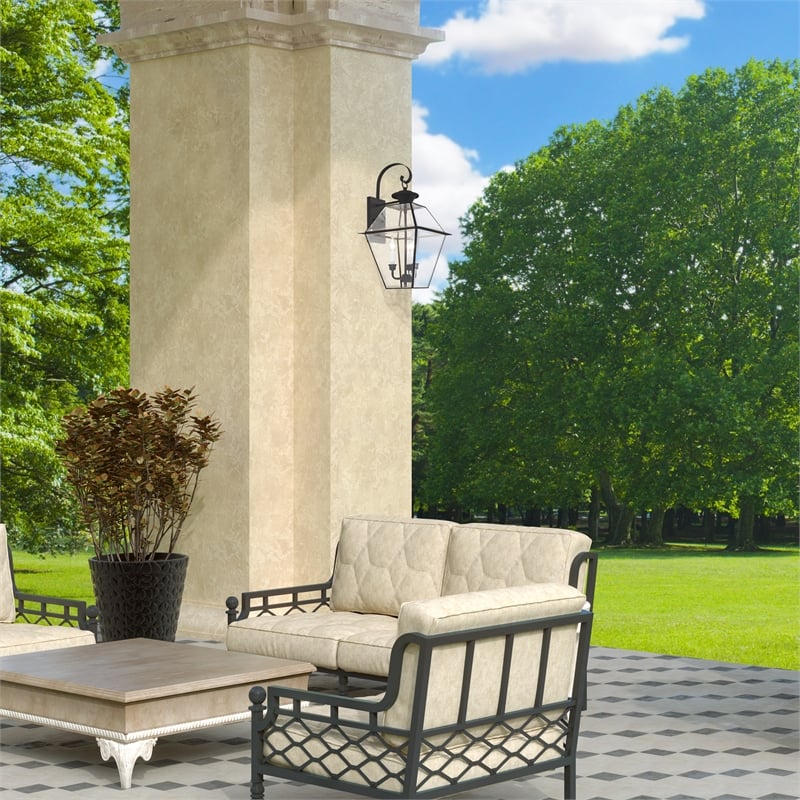 Bowery Hill 3-Light Brass & Glass Outdoor Wall Lantern in Black