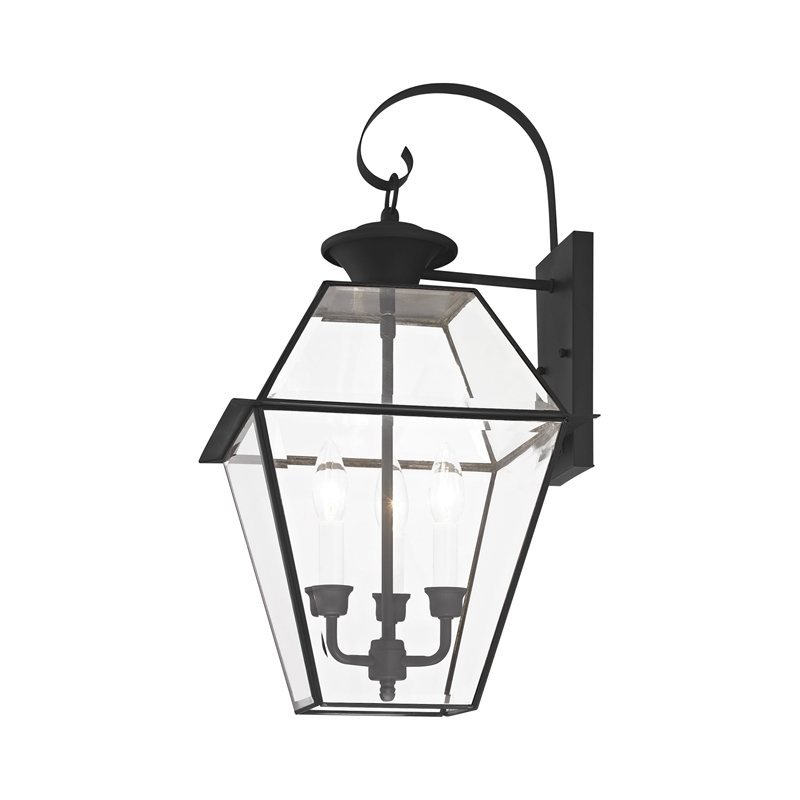 Bowery Hill 3-Light Brass & Glass Outdoor Wall Lantern in Black