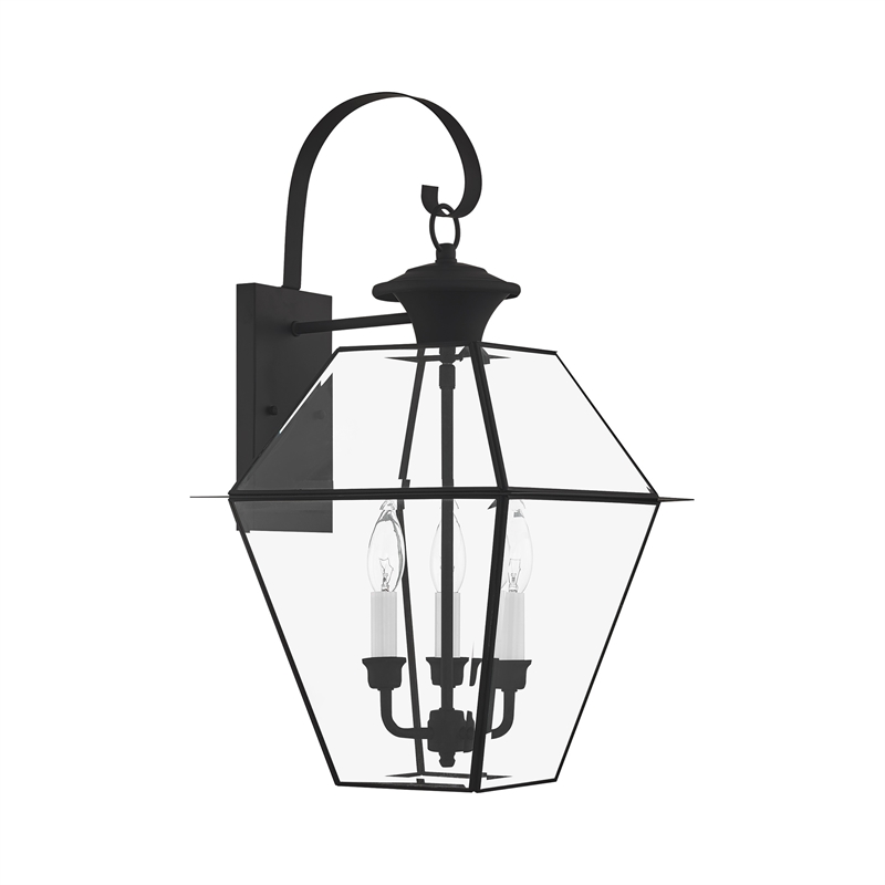 Bowery Hill 3-Light Brass & Glass Outdoor Wall Lantern in Black