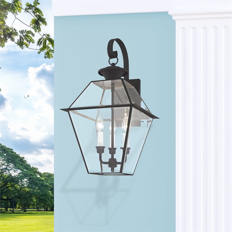 Bowery Hill 3-Light Brass & Glass Outdoor Wall Lantern in Black