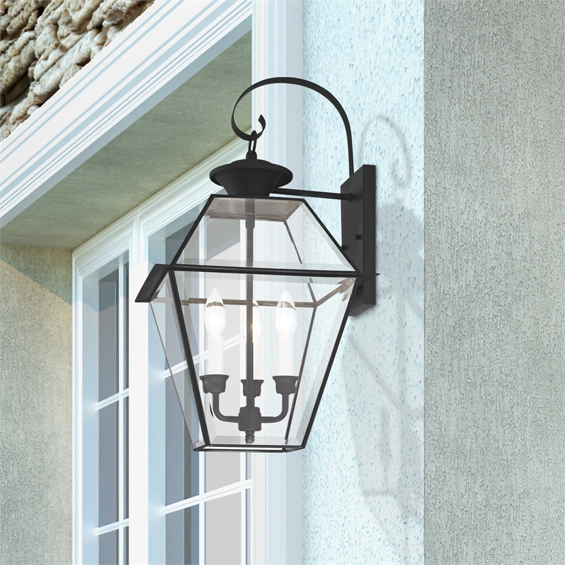 Bowery Hill 3-Light Brass & Glass Outdoor Wall Lantern in Black