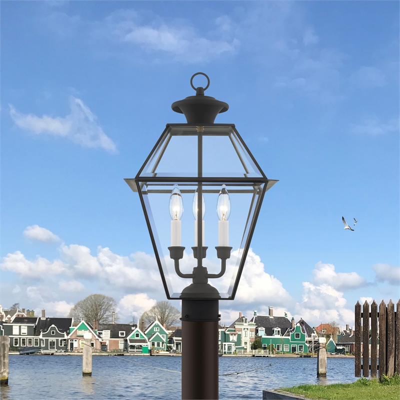 Bowery Hill 3-Light Brass & Glass Outdoor Post Top Lantern in Black