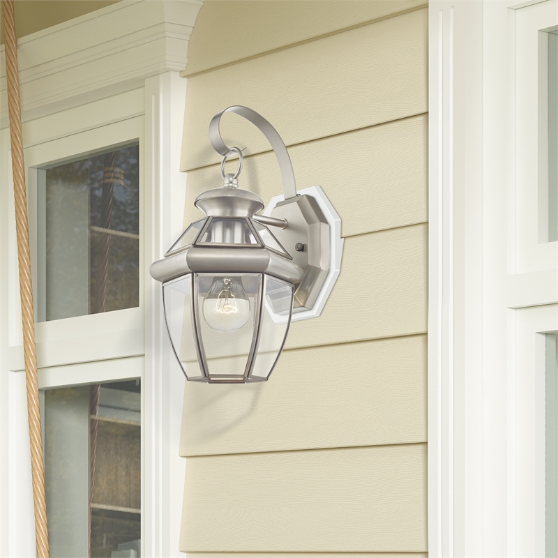 Bowery Hill 1-Light 60W Brass Outdoor Wall Lantern in Brushed Nickel