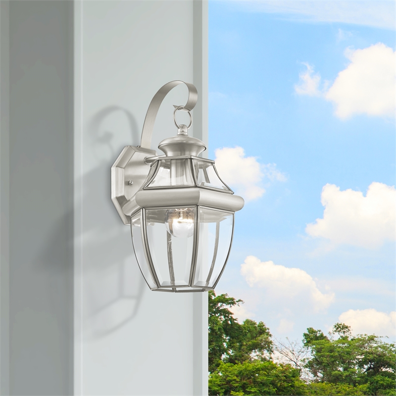 Bowery Hill 1-Light 100W Brass Outdoor Wall Lantern in Nickel