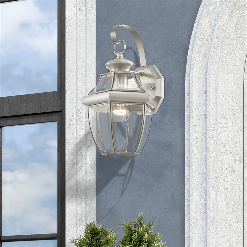 Bowery Hill 1-Light 100W Brass Outdoor Wall Lantern in Nickel