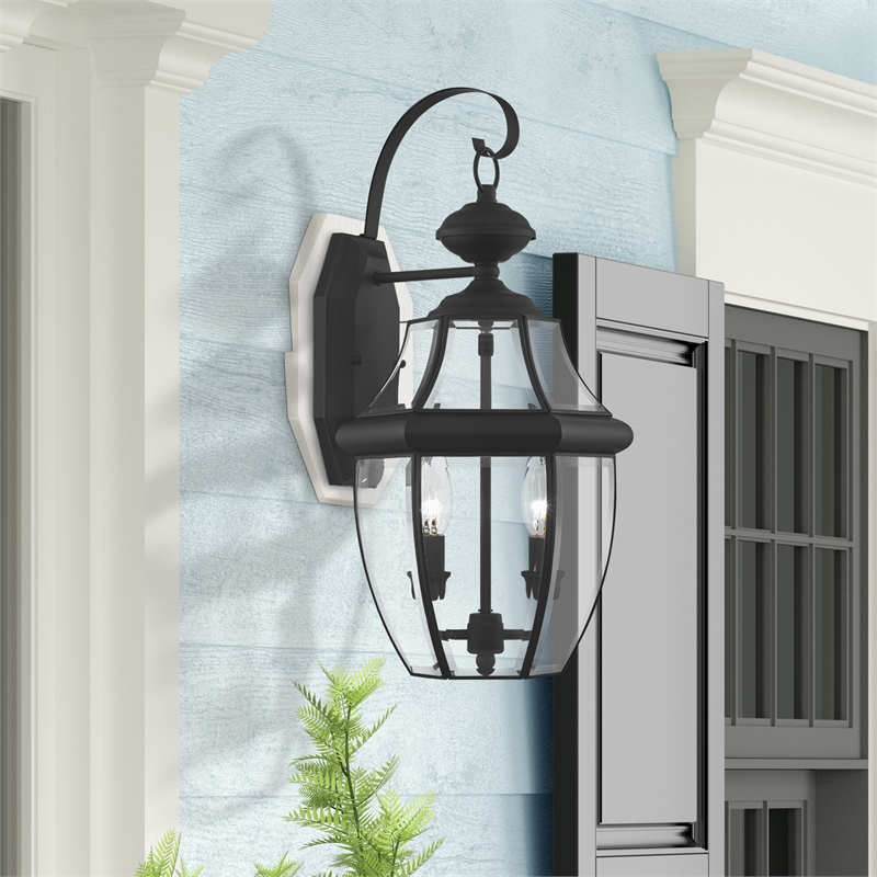 Bowery Hill Contemporary 2-Light Brass Outdoor Wall Lantern in Black