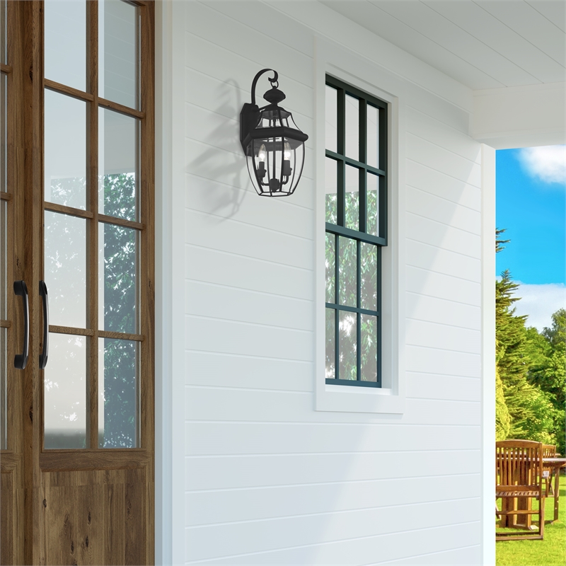 Bowery Hill Contemporary 2-Light Brass Outdoor Wall Lantern in Black