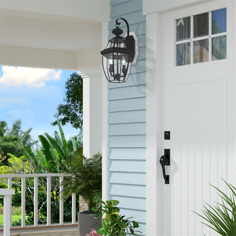 Bowery Hill Contemporary 2-Light Brass Outdoor Wall Lantern in Black