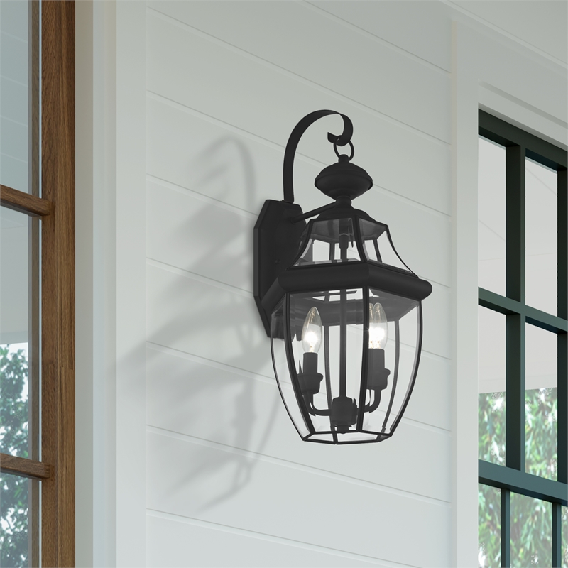 Bowery Hill Contemporary 2-Light Brass Outdoor Wall Lantern in Black