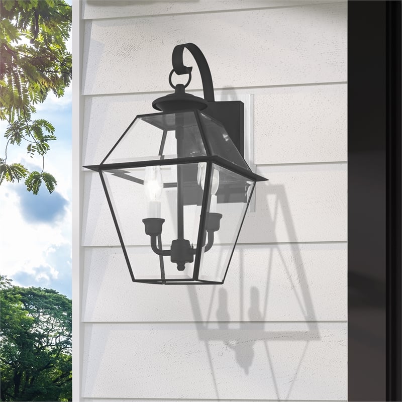 Bowery Hill Contemporary 2-Light Brass Outdoor Wall Lantern in Black