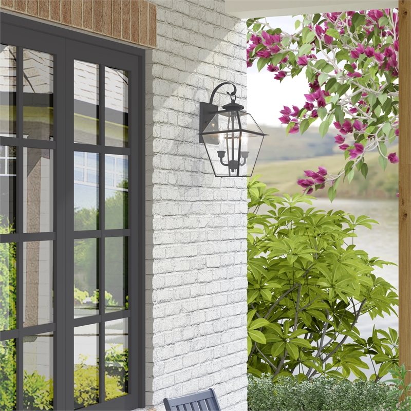 Bowery Hill Contemporary 2-Light Brass Outdoor Wall Lantern in Black