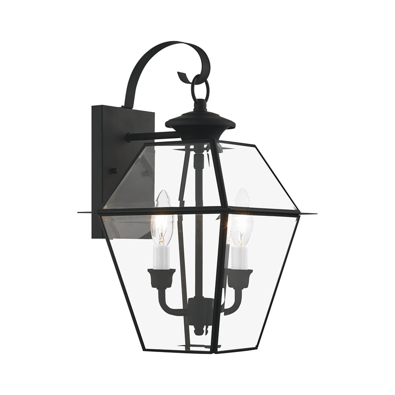 Bowery Hill Contemporary 2-Light Brass Outdoor Wall Lantern in Black