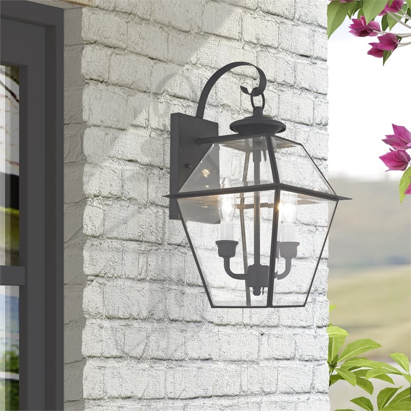 Bowery Hill Contemporary 2-Light Brass Outdoor Wall Lantern in Black