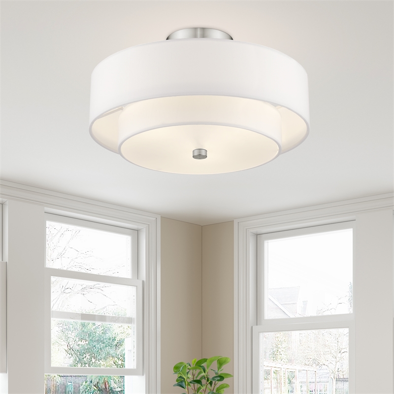 Bowery Hill 3-Light Metal & Fabric Ceiling Mount in Brushed Nickel