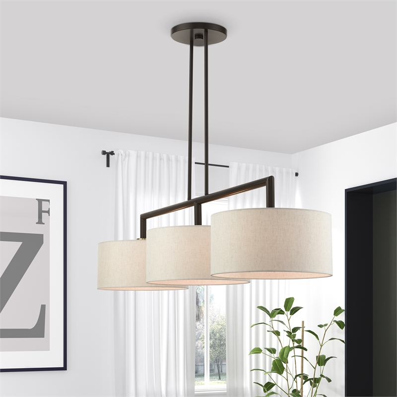 Bowery Hill 3-Light Metal & Fabric Linear Chandelier in English Bronze