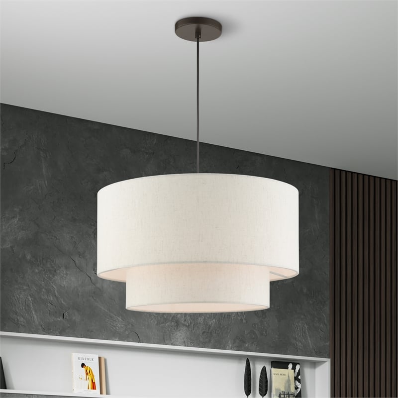 Bowery Hill 3-Light Modern Metal & Fabric Pendant in English Bronze