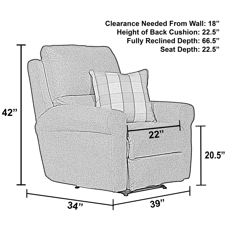 Bowery Hill Power Recliner in Gray Polyester Fabric with Accent Pillow